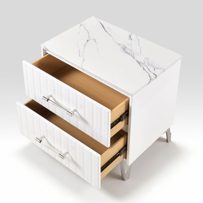 Glam White Nightstand of 2x Storage Drawers Faux Marble Laminated Top Chrome Metal Legs Bedroom Furniture 1pc