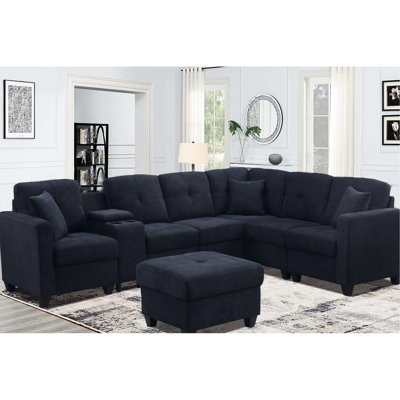 7 Sectional Dark Blue Soft Microfiber Skin- High Cushions Two Cup Holders Solid Wood Frame For Comfort And Stability Use