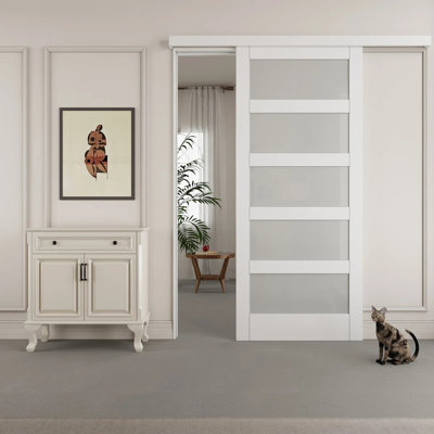 84"H Hidden Style Track White Primed 5-Lite Frosted Glass Sliding Barn Door With Hardware Kit (Door Assembly Required)