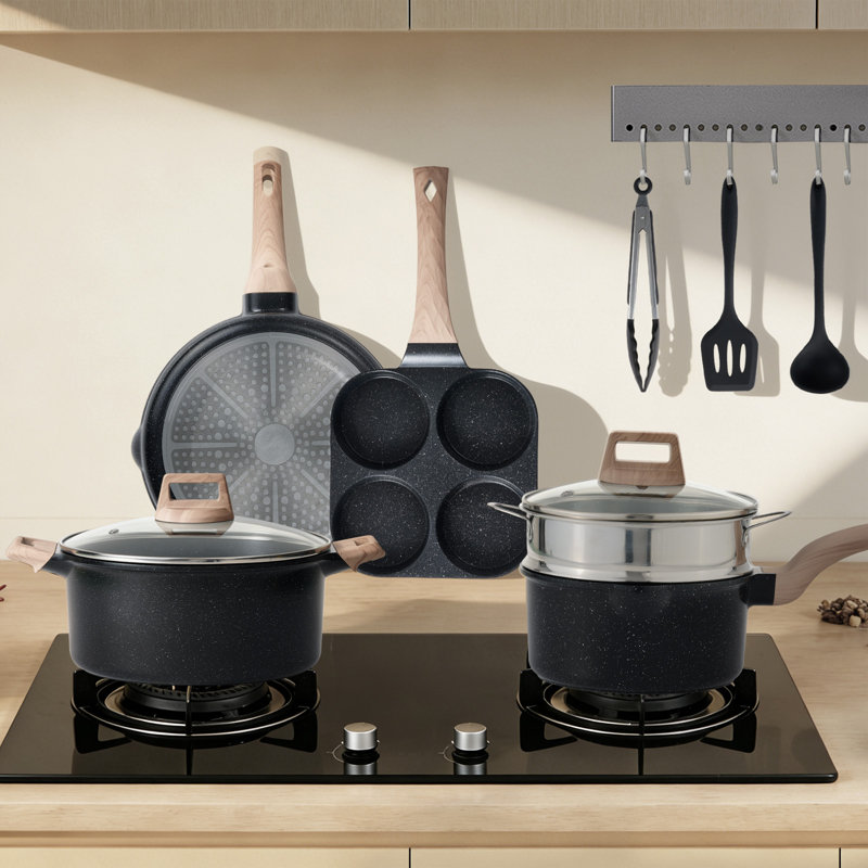 Ensemble de casseroles et de poêles antiadhésives en aluminium, 25 pièces, allant au four et au lave-vaisselle, Noir