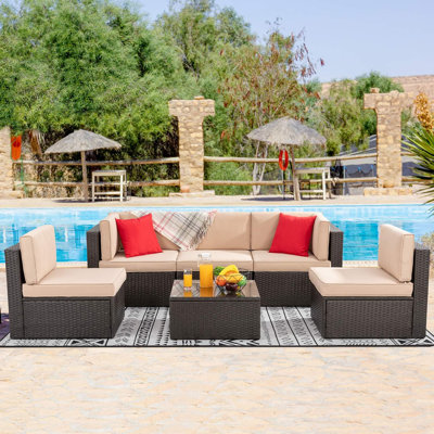 6 Piece Patio Conversation Set All Weather Wicker Rattan Patio Sofa Outdoor Sectional Seating Group With Cushions,Pillows & Glass Table For Porch,Lawn And Yard