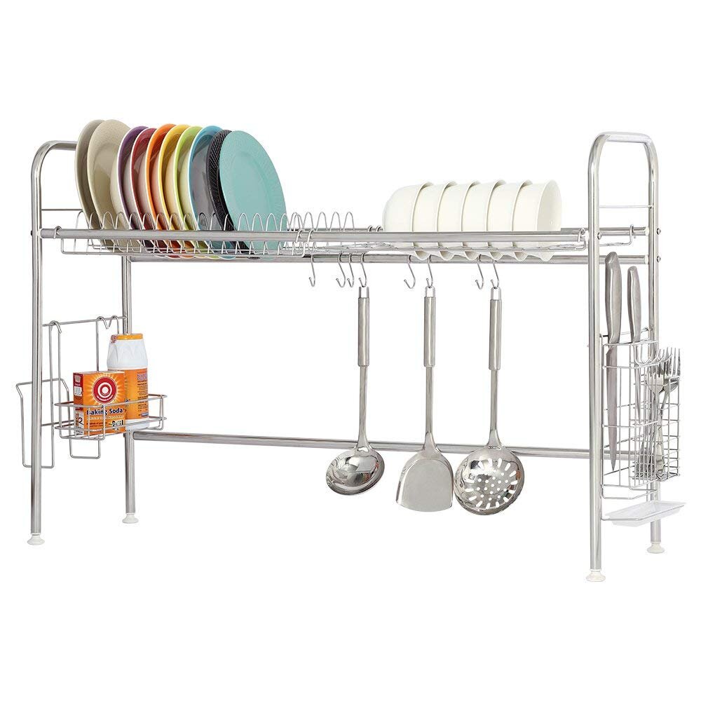 Over Sink Dish Drying Rack with 6 Free Hooks, Double Thick 304