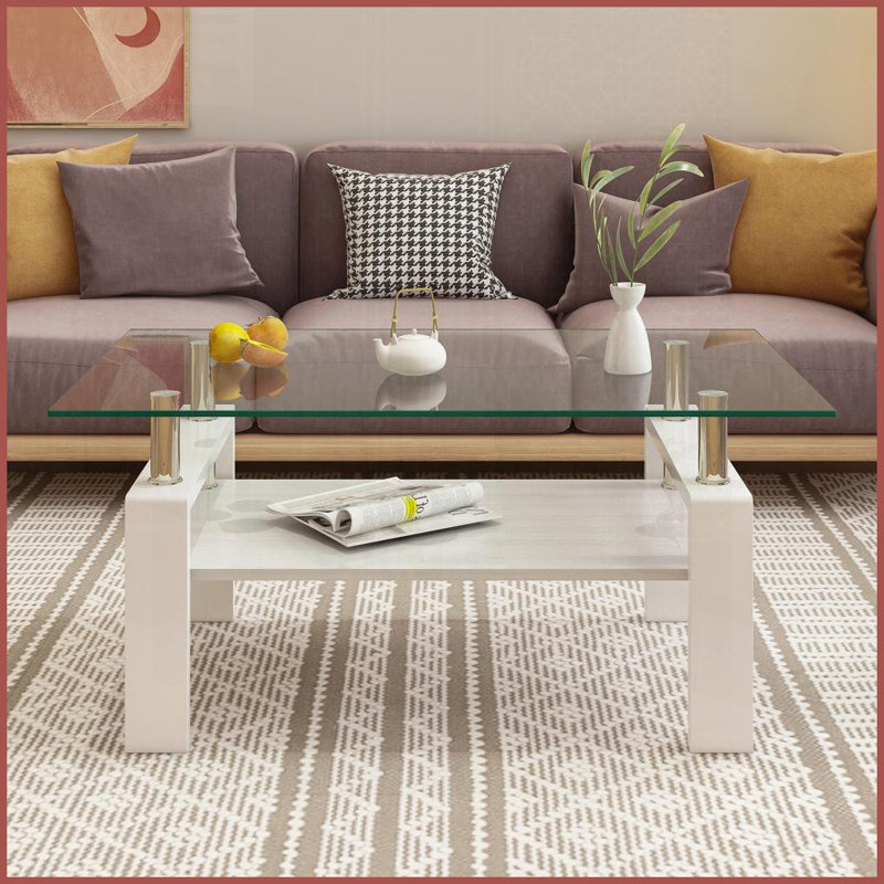 Table basse rectangulaire en verre trempé pour le salon, facile à nettoyer avec rangement en panneau de fibres à densité moyenne, L 39,2 po x l 23,4 po