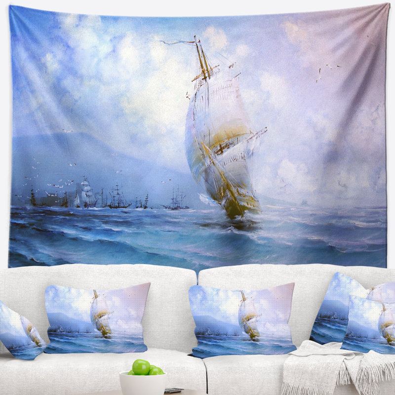Navire de paysage marin dans la tapisserie de la mer bleue, H 50 po x l 60 po