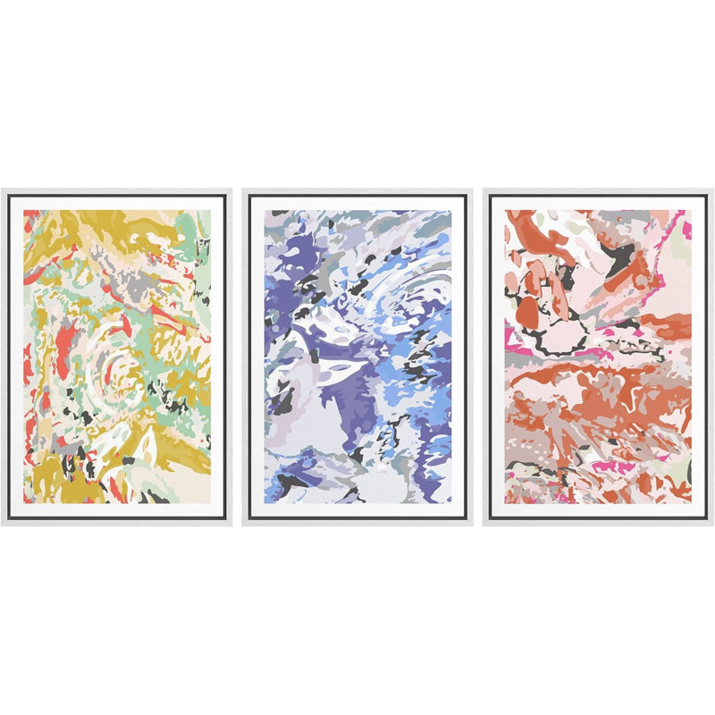 Abstrait arc-en-ciel coloré avec tourbillons colorés 3 pièces, H 24 po x l 16 po x P 1,5 po, Blanc