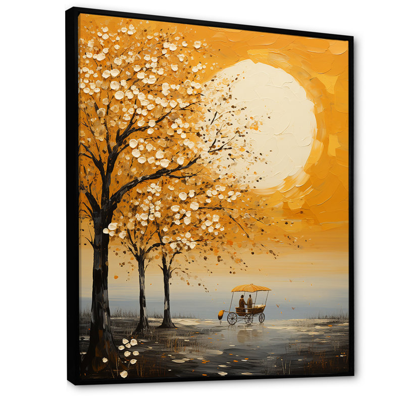 «Yellow Old Carriot Cart Melody» sur toile jaune, Cadre flottant noir, H 44 po x l 34 po x P 1,5 po