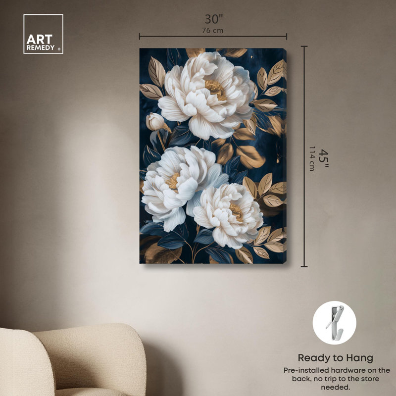 "White Flowers and Golden Leaves", impression murale sur toile par Art Remedy, H 45 po x l 30 po, Gallery Wrapped