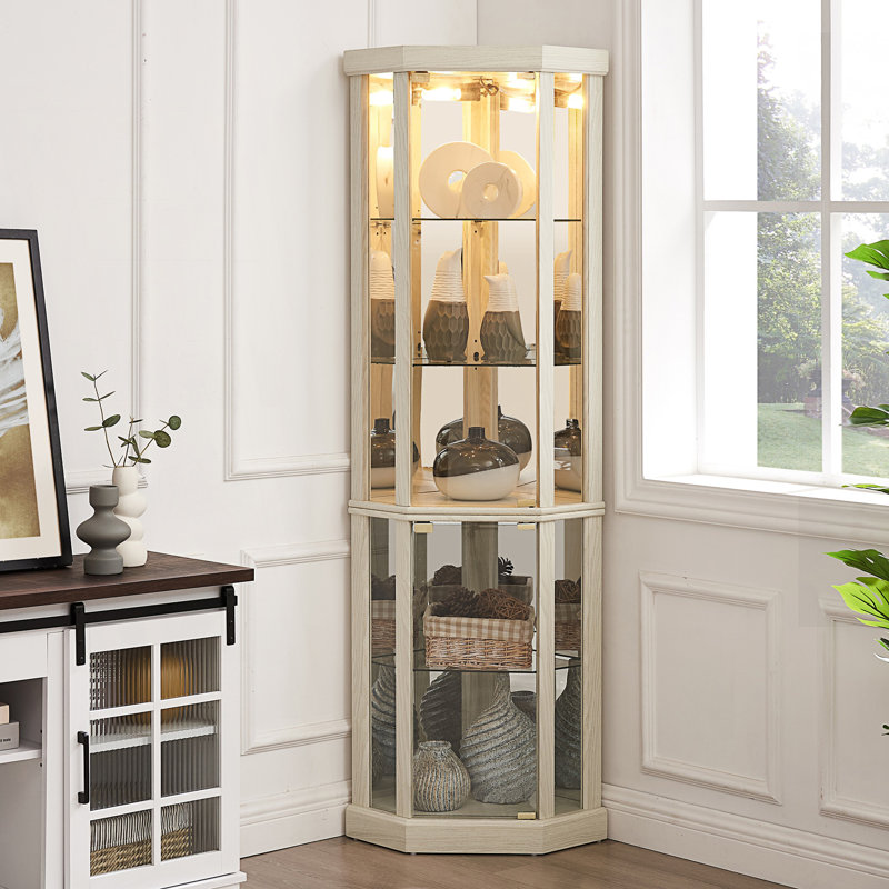 Lighted Corner Curio Cabinet - Elegant Glass Display Case, Includes Built-In Lighting, Living Room Cabinet, White