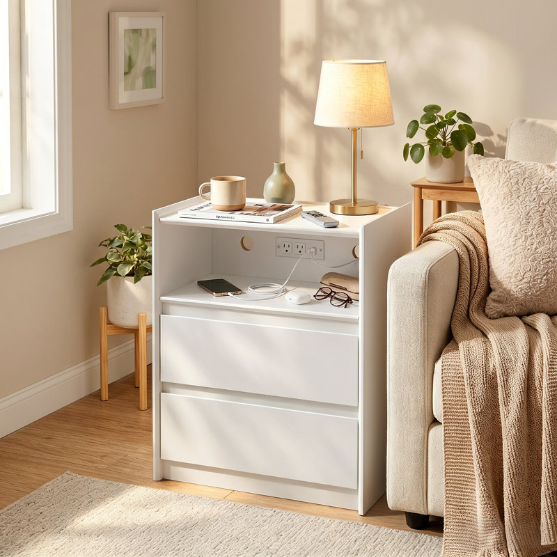 Modern 20" Nightstand with Charging Station, 2 Drawers and Open Shelf, White, Individual