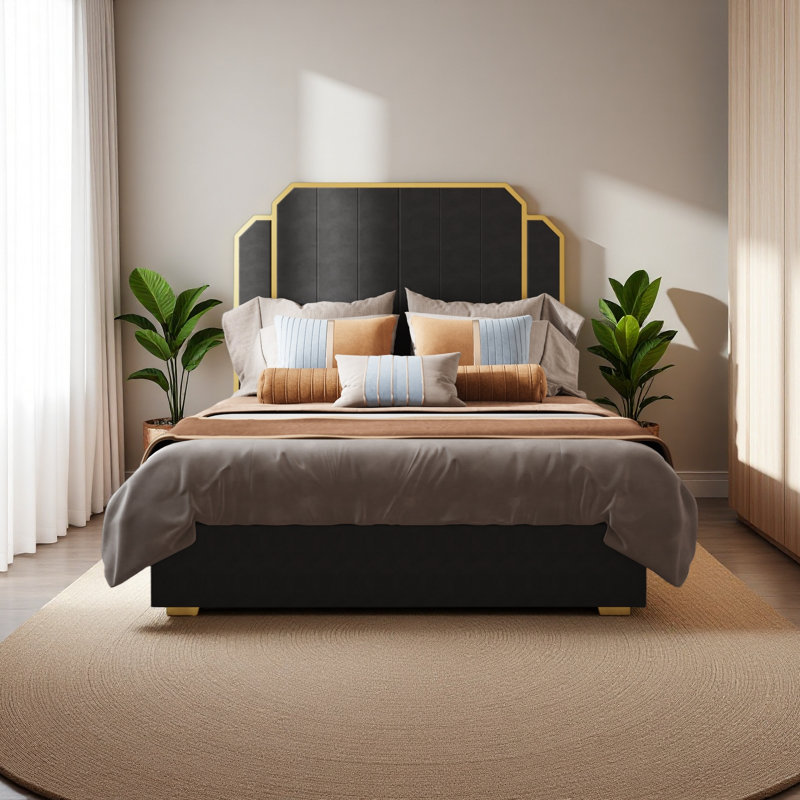 Structure de lit grand et tête de lit 59,06 po, lit tapissier avec bordure dorée, lit plateforme moderne sans sommier, Black