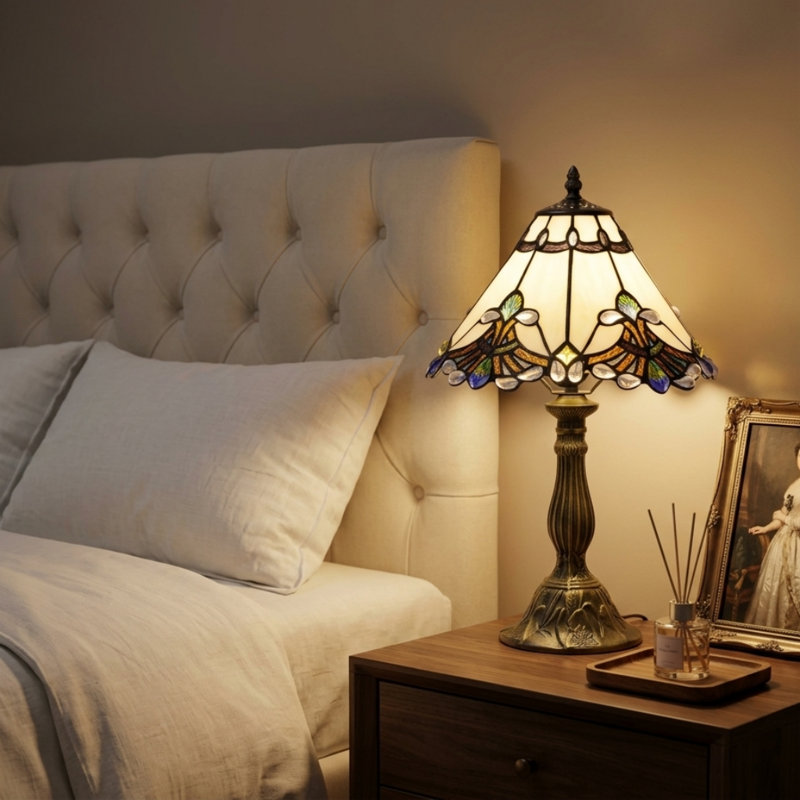 White Baroque Tiffany Table Lamp, 12x12x19 Inch, 3 Color Temperature, Vintage Bronze Base, Reading Desk Light for Bedroom Living Room Office with Bulb Included