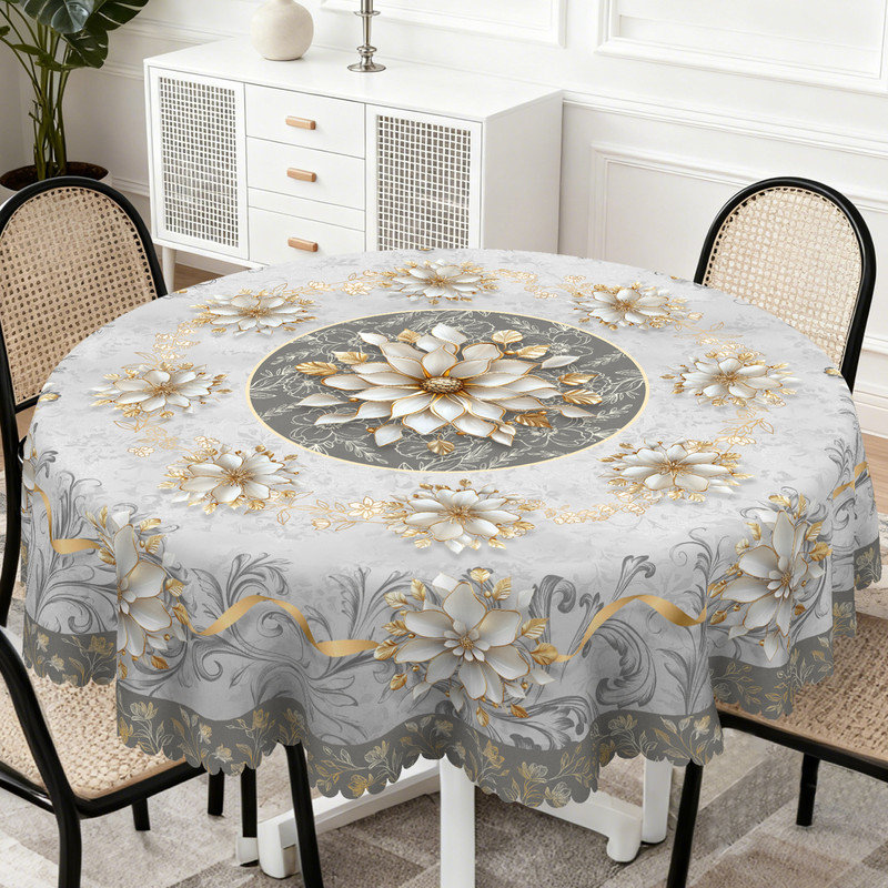 Gray Floral Pattern Design Machine-Washable Polyester Tablecloth