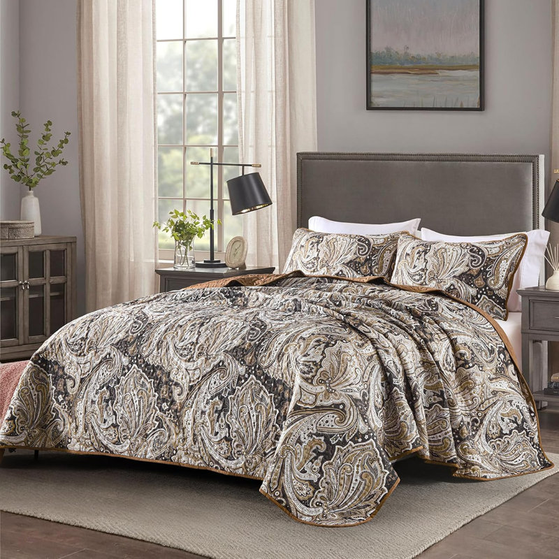 Ensemble de courtepointe 3 pièces à motif cachemire et couvre-lit Boho, Courtepointe très grand et 2 très grandes taies, Brun