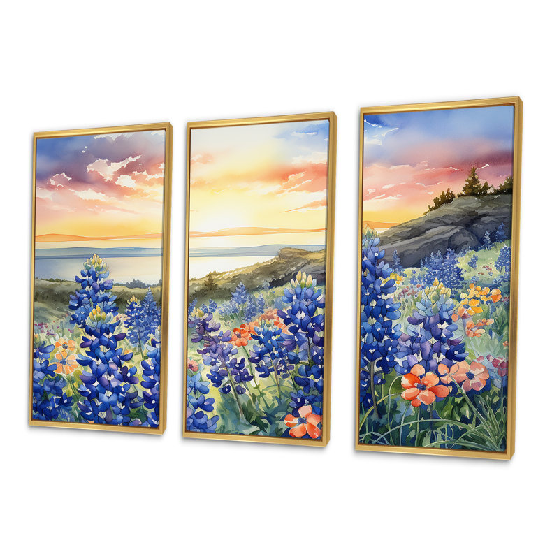 «Blue Bonnets Sunset I», ensemble d'art sur toile Blue Bonnets, Cadre flottant doré, H 32 po x l 48 po x P 1 po