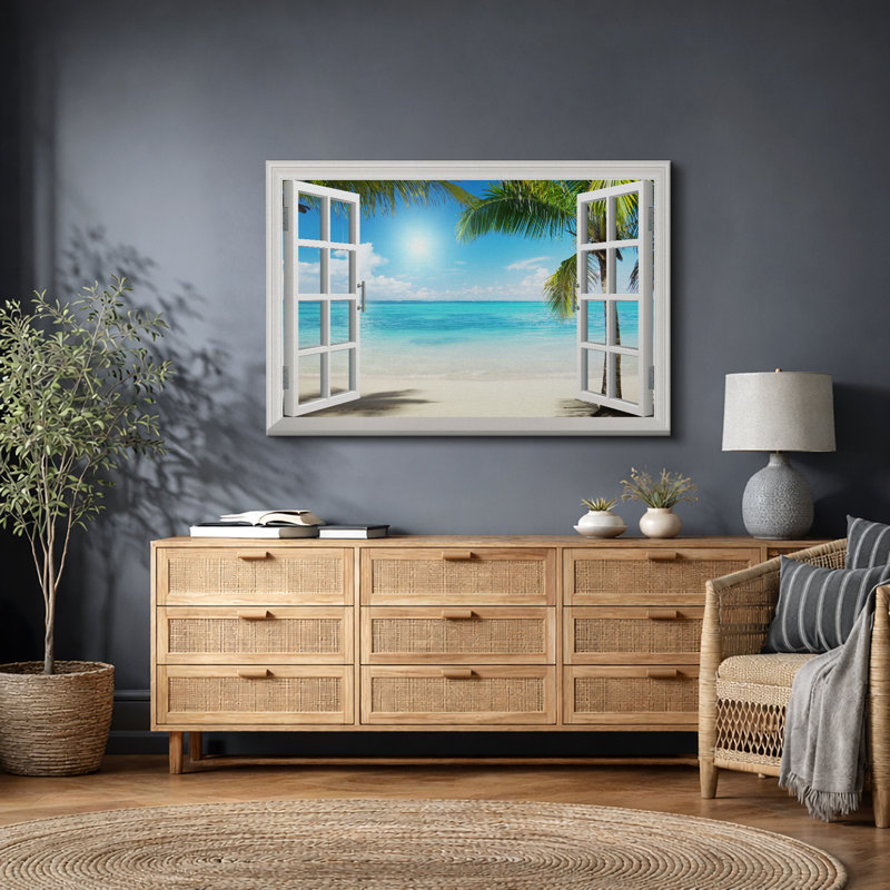 Fenêtre, paysage, palmier vert tropical, plage côtière, océan bleu, reproduction d'art sur toile