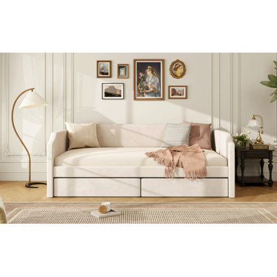 Twin Size Velvet Upholstered Daybed with 2 Drawers, Beige