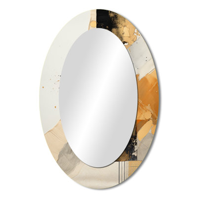 Gold And Grey Sunset Collage I - Abstract Oval Decorative Mirror On Metal