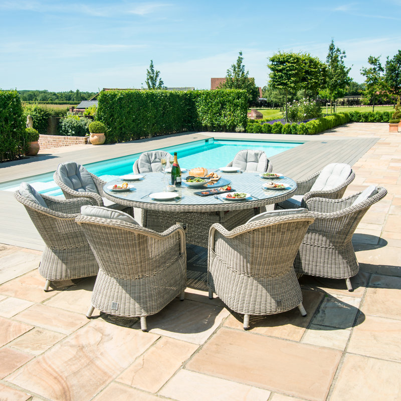 Balcom 8 Seat Round Rattan Fire Pit Dining Set - with Lazy Susan
