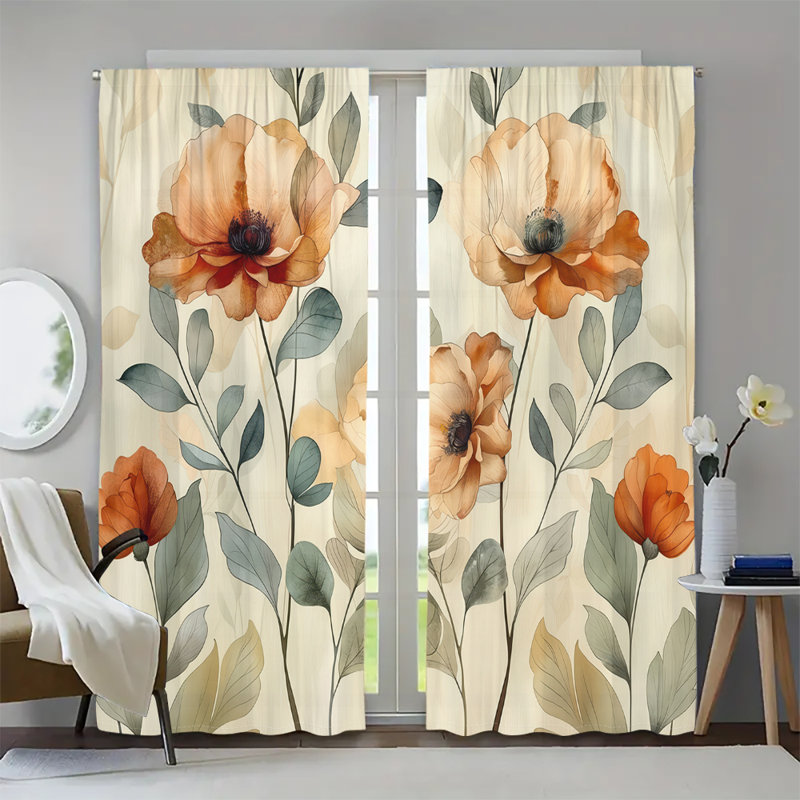 2Pcs Watercolor Poppy Flower Print Curtains Rod Pocket Panels Botanical Floral Design Elegant Soft Light Filtering Window Treatment for Living Room Bedroom Kitchen Home Decor|