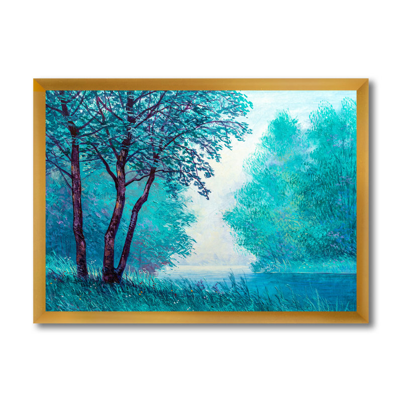 «Blue Colored Tree Impression III», peinture sur toile, Encadrement doré, H 12 po x l 20 po x p 1 po