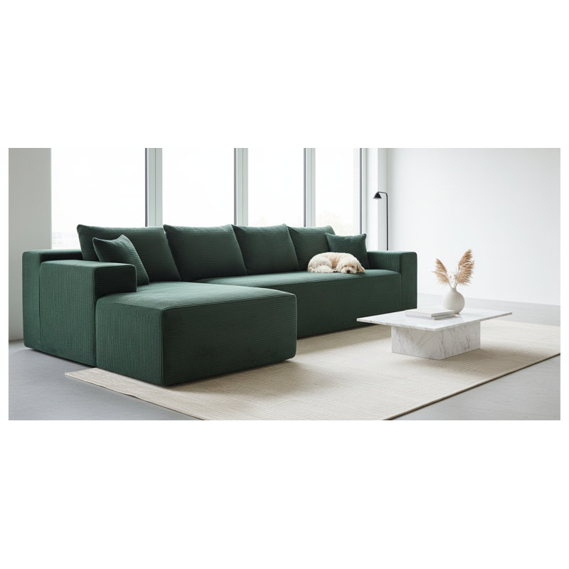 Boneless high density foam sectional sofa, Left Hand Facing, Dark Green Corduroy