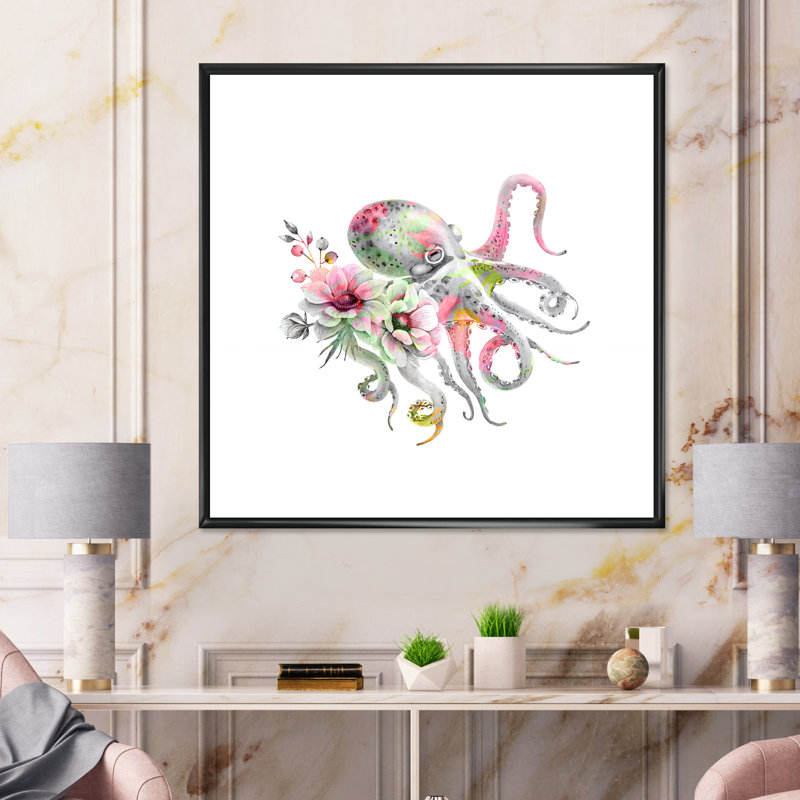 Pieuvre avec un bouquet de fleurs délicates - impression sur toile nautique et côtière, H 36 po x l 36 po x P 1 po