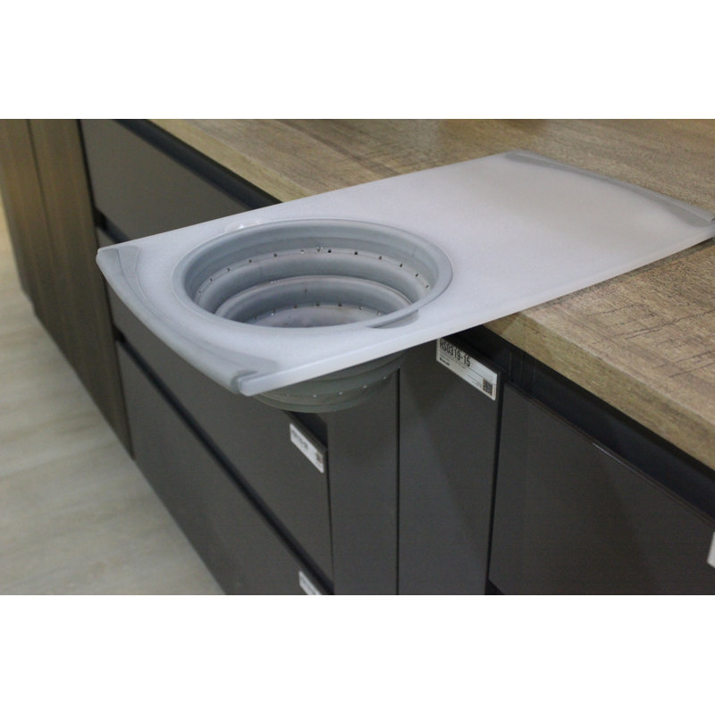 White and Grey Plastic Cutting Board with Built-In Strainer