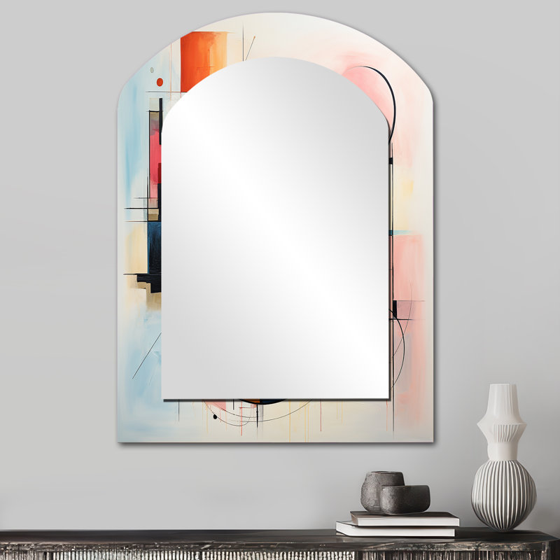 Mid-Century coloré abstrait Fusion IV - Miroir décoratif en forme d'arche abstraite sur métal, 34 po x 25 po