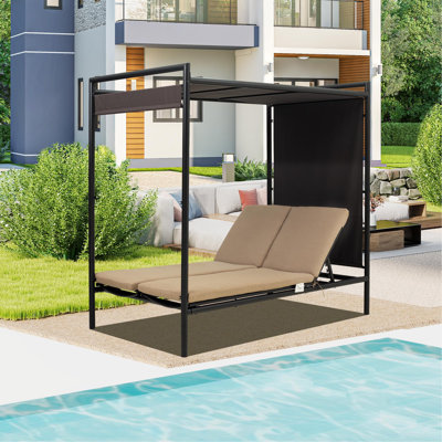 Outdoor Patio Daybed With Adjustable Canopy Bed, Double Chaise Lounge With 5 Position Adjustable Backrest And Cotton Cushions For Patio, Yard, Balcony, Poolside