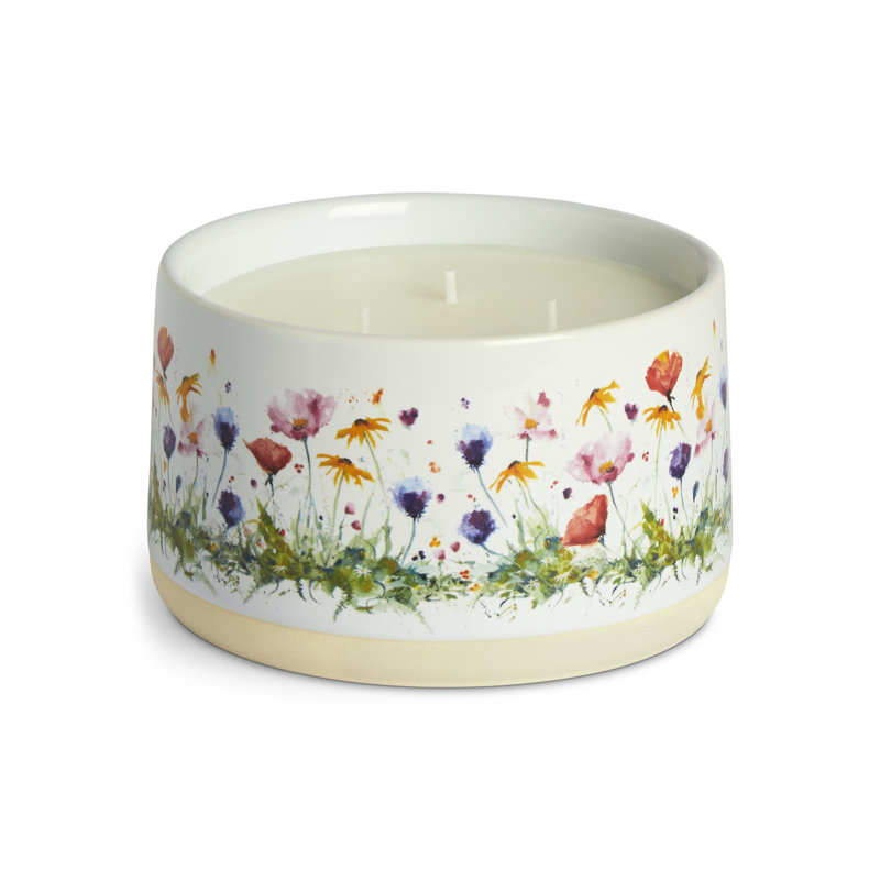 White Ceramic Round Soy Wax Blend Scented Jar Candle with Wildflowers Design