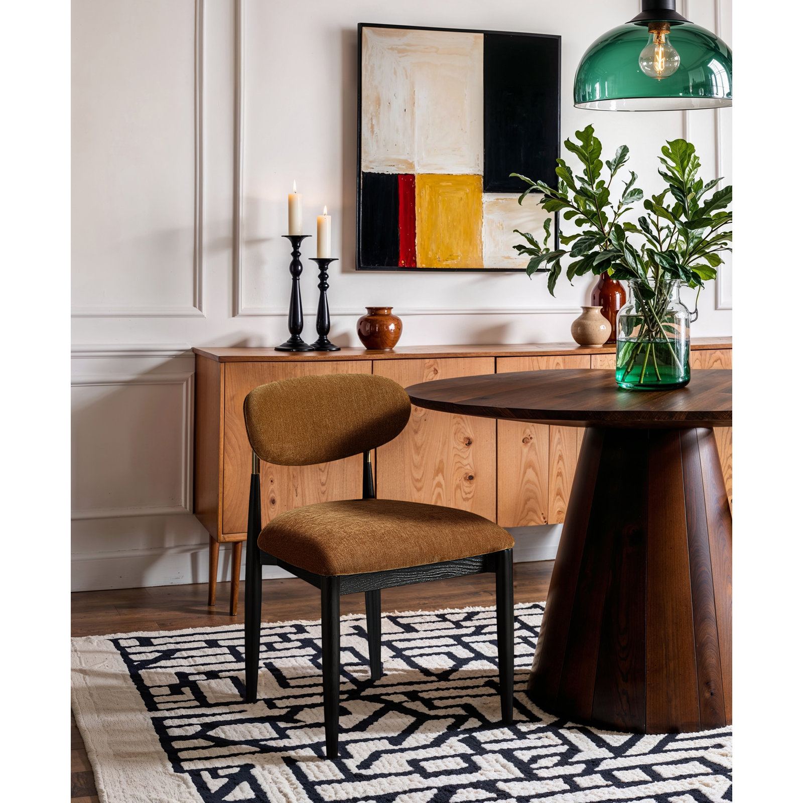 Eligah Vegan Leather Upholstered Dining Side Chair, Cognac, Stained Black / Brushed Brass