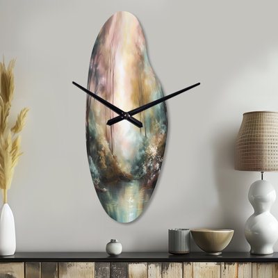 Whimsical Stream - Mountains Asymmetrical Metal Wall Clock, Traditional Curved Wall Clock Print