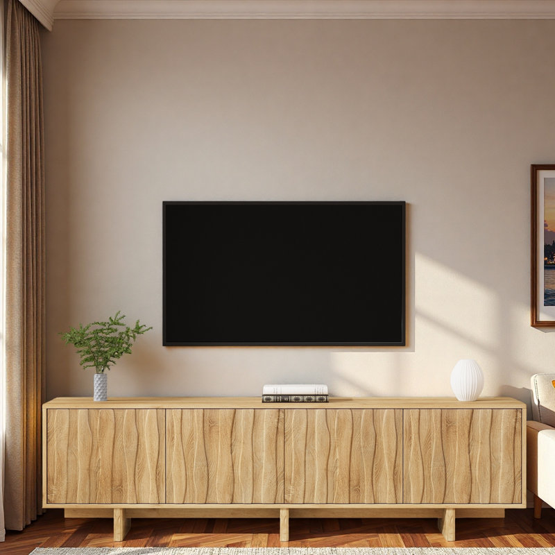 Meuble télé 69,9 po de style rétro avec portes ondulées, armoires spacieuses et gestion des câbles