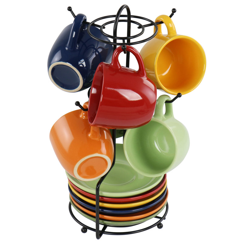 Ensemble de grandes tasses à espresso et soucoupes 13 pièces avec support en métal Gibson Home Color Cafe