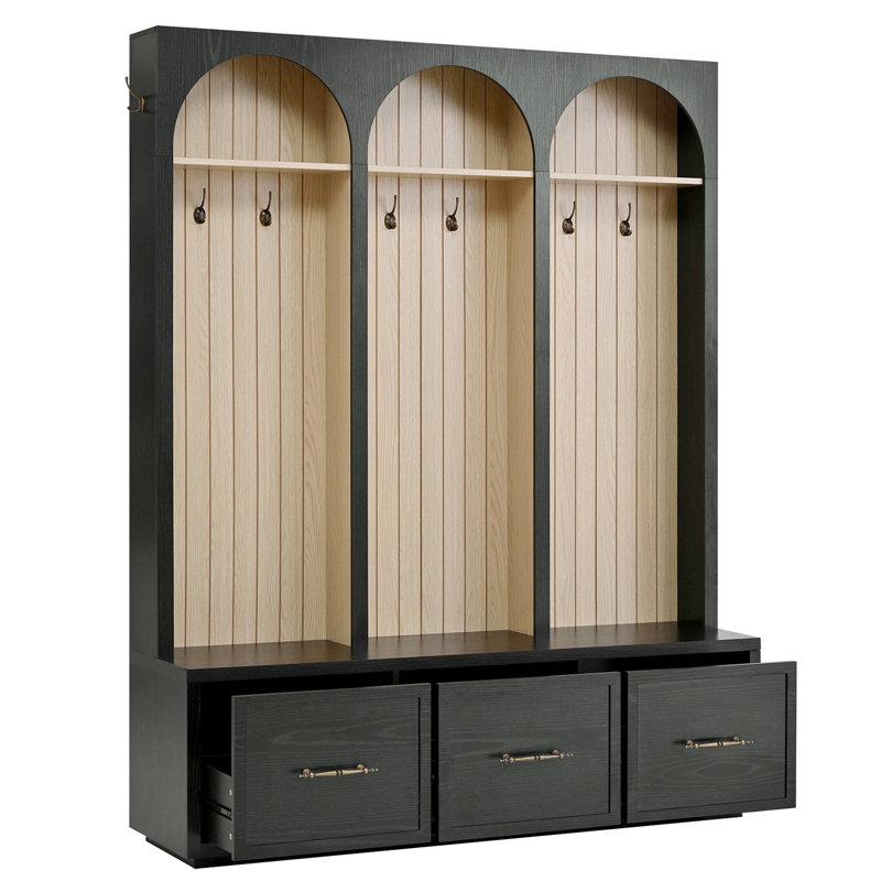 Wooden Hall Tree With 3 Drawers And 8 Hooks, Black
