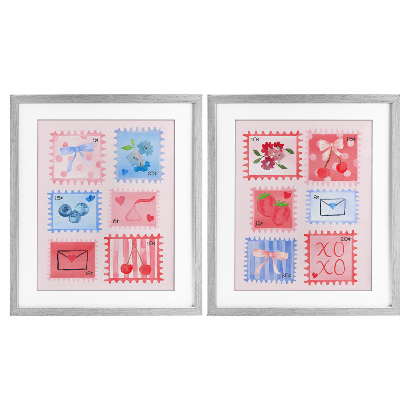 Adorable timbres bleu et rose, ensemble de 2 reproductions encadrées sous verre, design par Nina Jacobs, H 16 po x l 13 po