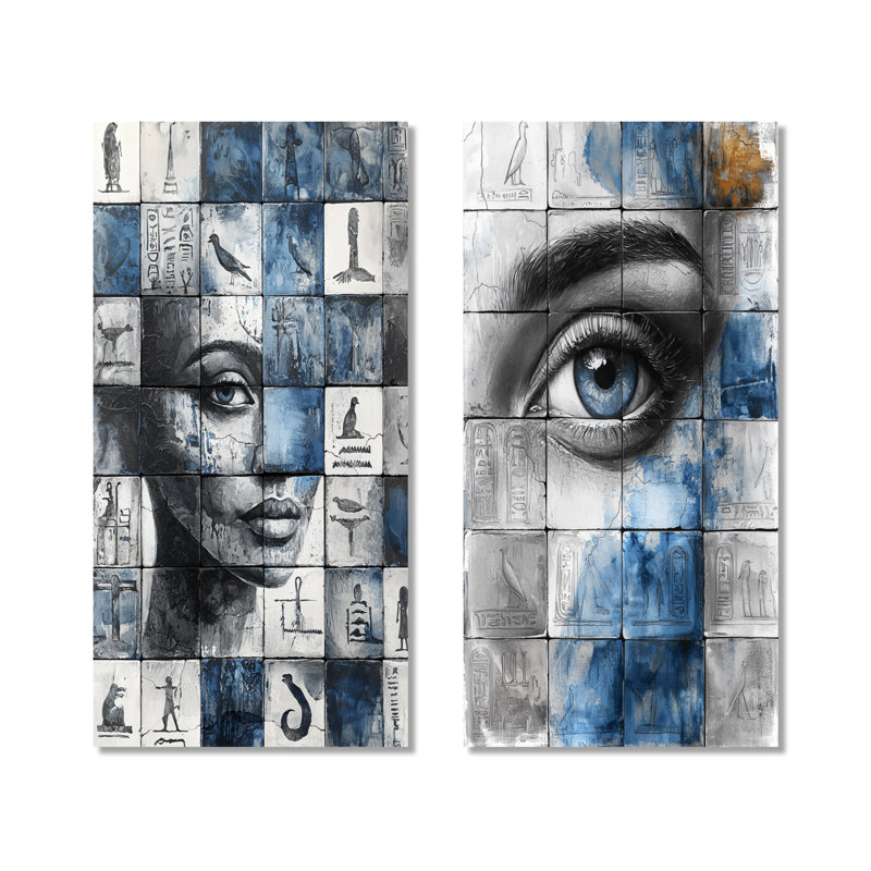 «Blue égyptien hiéroglyphes», ensemble de 2 pièces d'art mural, Toile tendue, H 28 po x l 24 po