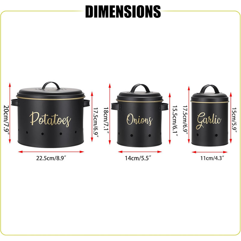 Set Of 3 Potato Onion Garlic Storage Bins Vegetable Containers Food Containers, Black