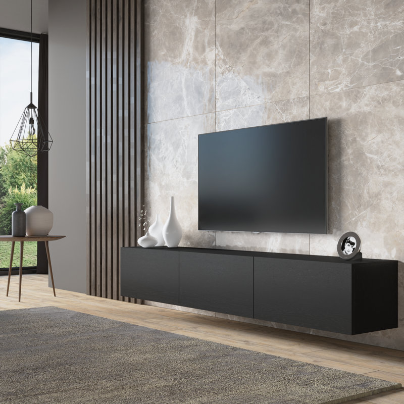 Colima Modern Floating TV Stand Up to 80" TVs Wall-Mounted Media Console with Storage Cabinet, Black Grain