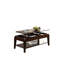 Table basse moderne en noyer avec plateau relevable, compartiments de rangement et tablette