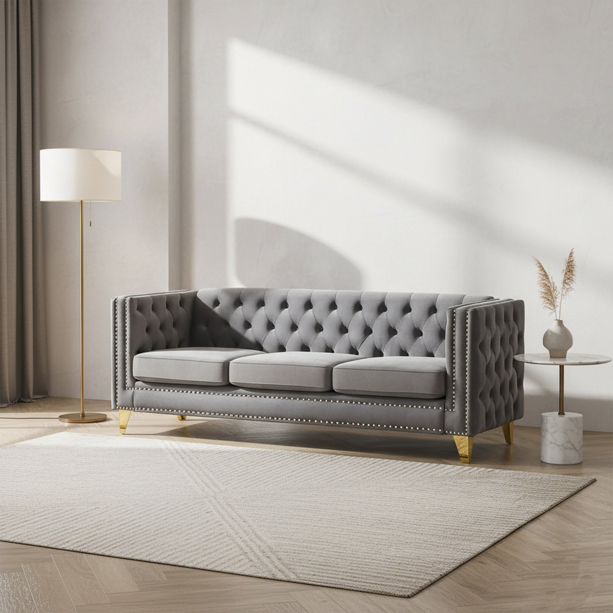 Mercer41 Chesterfield Velvet Sofa With Button Tufted Square Arms And ...