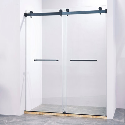 56-60"W x 75"H Frameless Double Sliding Shower Door, 304 Stainless Steel in Matte Black, 5/16" (8mm) Thick SGCC Tempered Clear Glass.