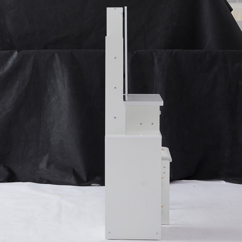 Maestri Small Space Left Bedside Cabinet Vanity Table + Cushioned Stool, Extra Large Right sliding mirror, White 1
