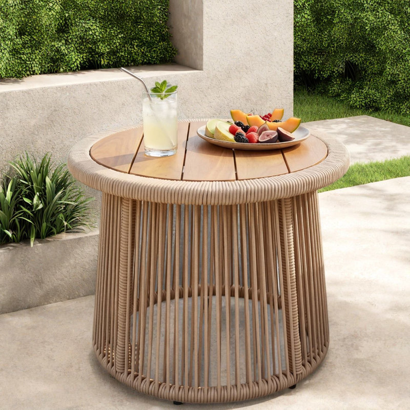Tables d'appoint modernes, table d'appoint en corde de bois d'acacia teck sans assemblage, compact, Beige