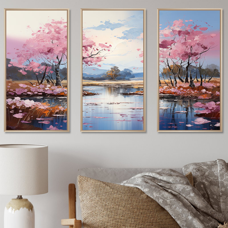 «Pink Trees Blooming In Country Charm I», ensemble d'art sur toile, H 28 po x l 36 po x P 1 po, Cadre naturel flottant
