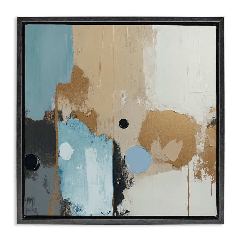 Cadre flottant spéculation abstrait brun et bleu, design par Annabelle Hall, Cadre flottant noir de jais, H 18 po x l 18 po