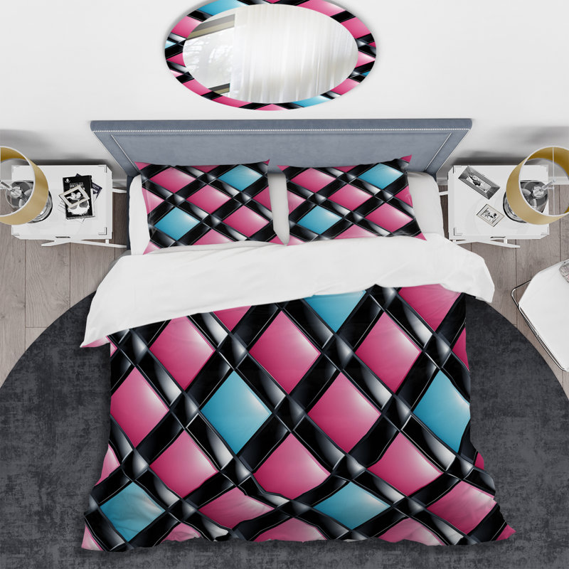Literie en damier rose et bleu, Housse de couette pour très grand lit et 2 très