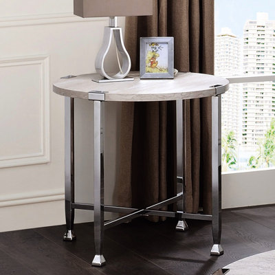 Et table de bout ronde en chêne blanc et blanc, avec support, d'une taille de 24 pouces, de 17 lb, parfaite pour les boissons après le dîner, carrée et polyvalente