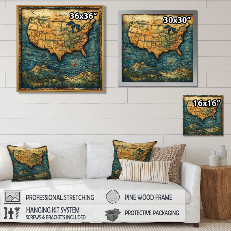 Anab Vintage 19 Centruy Us Map I - carte des États-Unis, art mural sur toile, Impression encadrée flottante, Doré