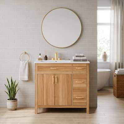 36 Inch Freestanding Solid Wood and MDF  Bathroom Vanity with Integrated Ceramic Sink, 2 Soft Close Doors, 3 Soft Close Drawers and Adjustable Shelf